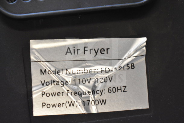 Bluebow FD-1015B Countertop Air Fryer label showing model; 110-120V, 60Hz, 1700W power specs.