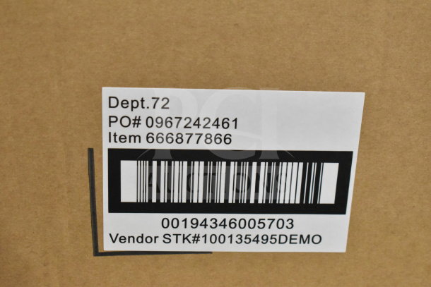 "Onn Dual Bars Display in original box with label showing Dept. 72, PO# 0967242461, Item 666877866, barcode, Vendor STK#100135495DEMO."