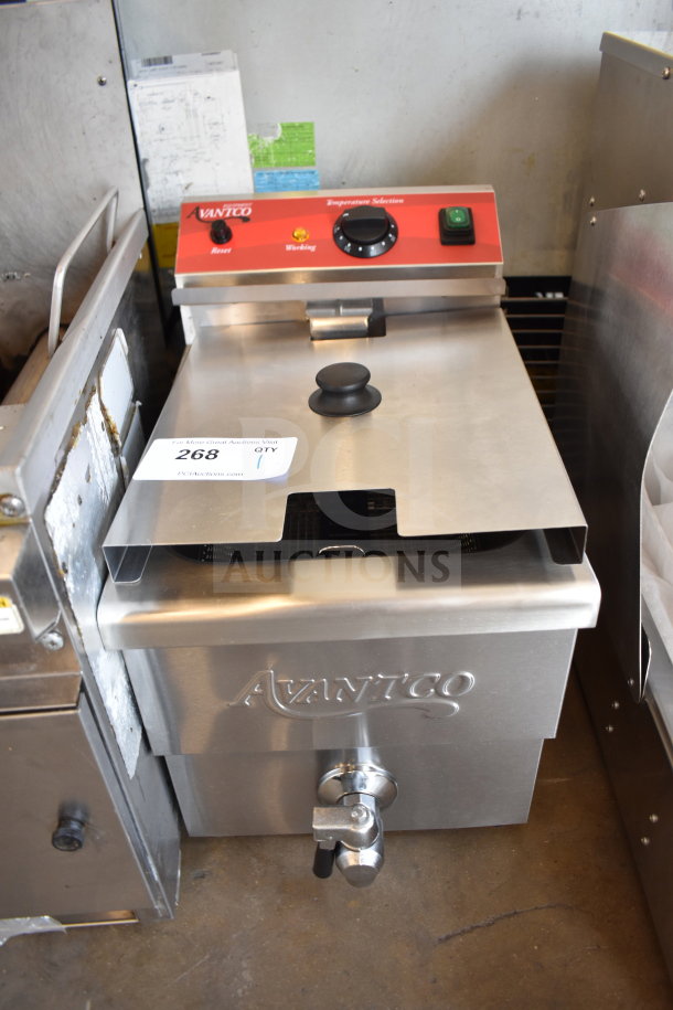 Brand new Avantco 177F200 15 lb. electric countertop fryer, medium-duty, 208-240V, 1 phase; slight scratches and dents visible.