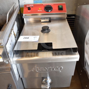 Brand new Avantco 177F200 15 lb. electric countertop fryer, medium-duty, 208-240V, 1 phase; slight scratches and dents visible.