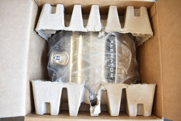 BRAND NEW SCRATCH AND DENT! Excel XL-SB XLERATOR® hand dryer, stainless steel, boxed, 110/120V, model label visible.