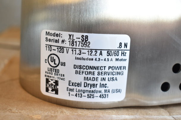 BRAND NEW Excel XL-SB 110/120 XLERATOR® Hand Dryer with stainless steel cover, UL listed, 110/120V, slight scratches.