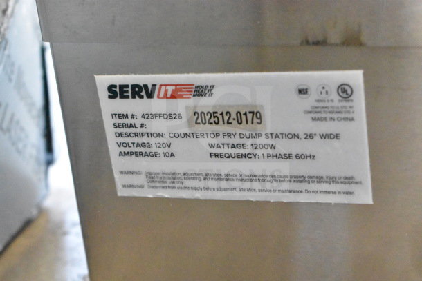 BRAND NEW SCRATCH AND DENT! 2025 ServIt 423FFDS26 Fry Dump Station, 26" Stainless Steel, 120V, 1 Phase, NSF certified.