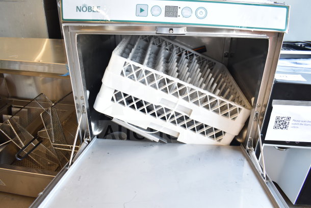Brand new Noble 495LTUC24 undercounter dishwasher, open with dish racks visible. Scratch and dent, 120V, 1 phase.
