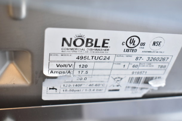 Brand new Noble 495LTUC24 undercounter dishwasher tag showing model, 120V, 17.5A, and NSF certification.
