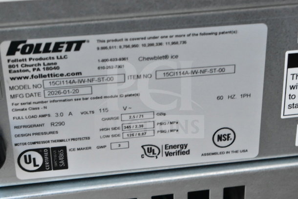 BRAND NEW Follett 15CI114A-IW-NF-ST-00 Ice Maker, 100 lb. capacity, 15 lb. bin, countertop model, 115V, UL certified, Energy Verified.