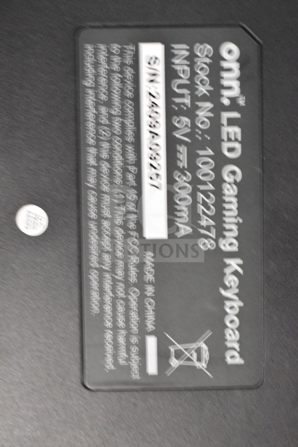 Label on an onn LED Gaming Keyboard, stock number 100122478, input 5V 800mA. Made in China.
