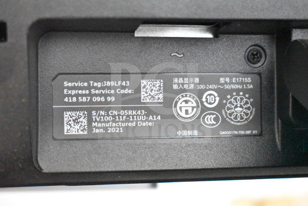 Label on Dell monitor model E1715S, power input 100-240V, manufactured Jan 2021, service tag J89LF43.