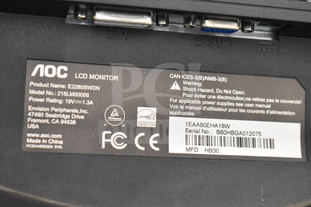 AOC LCD Monitor, Model E2280SWDN, 19V power, features Energy Star label and serial number B80HBGA012075.