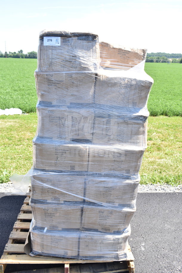 Pallet of 40 new scratch and dent Choice 2 Qt. clear polycarbonate food storage containers with lids in shrink wrap.