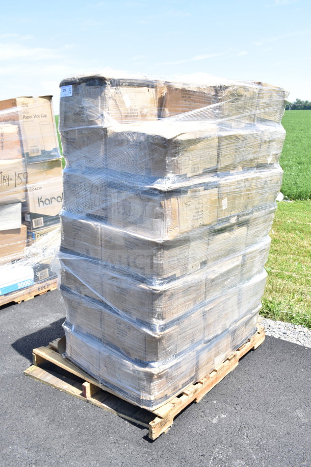 Pallet with 40 scratch and dent items, including Choice 2 Qt. polycarbonate food storage containers, wrapped in plastic.