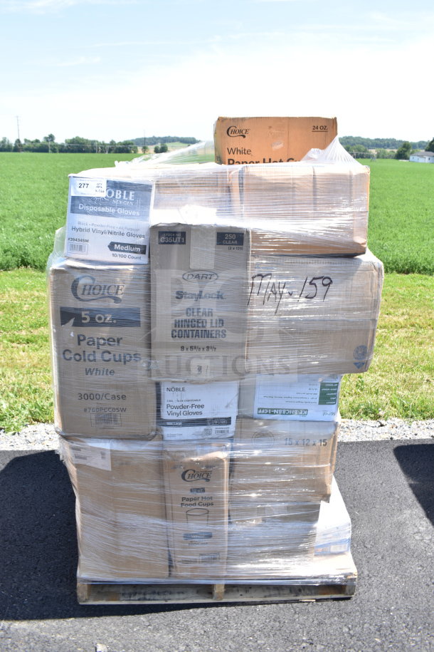 Pallet of 26 brand new mixed items including gloves, containers, paper cups in packaging. Visible labels include Noble and Choice.