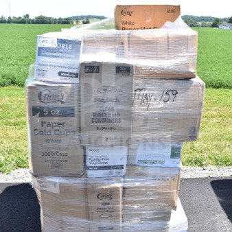 Pallet of 26 brand new mixed items including gloves, containers, paper cups in packaging. Visible labels include Noble and Choice.