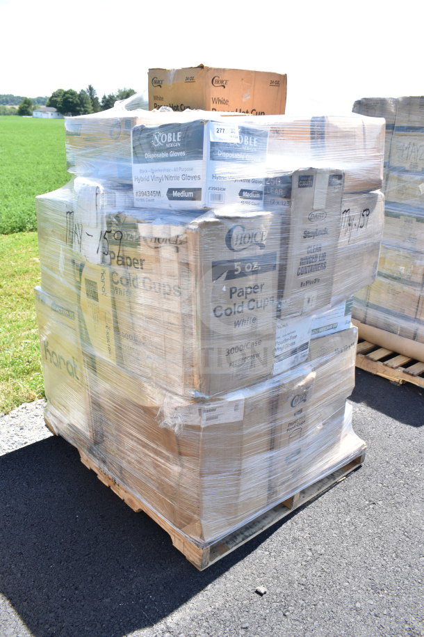 Pallet of 26 scratch and dent items including Noble gloves, Choice paper cups, and catering supplies.