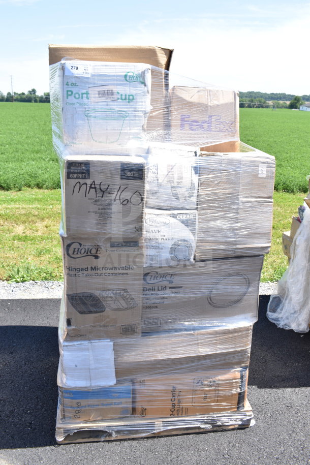 Pallet of brand new "scratch and dent" items including portion cups, towels, hand towels, plates. Labeled MAY26-160.