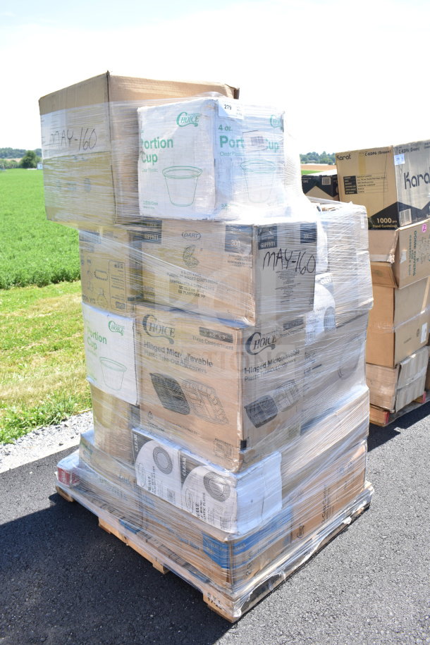 Sealed pallet of 25 brand new scratch and dent items, including portion cups and plates, marked "MAY-160."