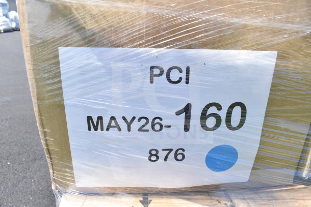 Pallet wrapped with label "PCI MAY26-160 876". Contains 25 new scratch and dent items like cups, towels, plates.