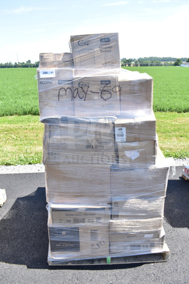 Pallet stack of brand new scratch and dent items, including pint glasses, mini fry baskets, and hand sinks. Labeled "MAY26-69."