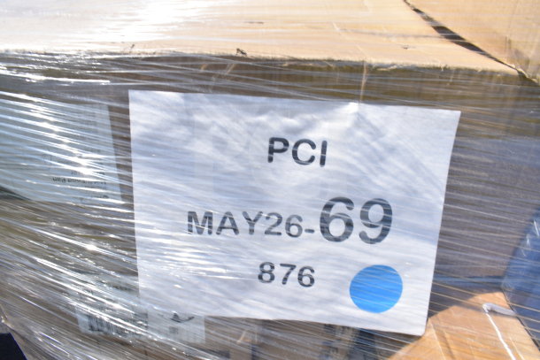 Plastic-wrapped pallet labeled "PCI MAY26-69" containing 46 brand new scratch and dent items like pint glasses and mini fry baskets.