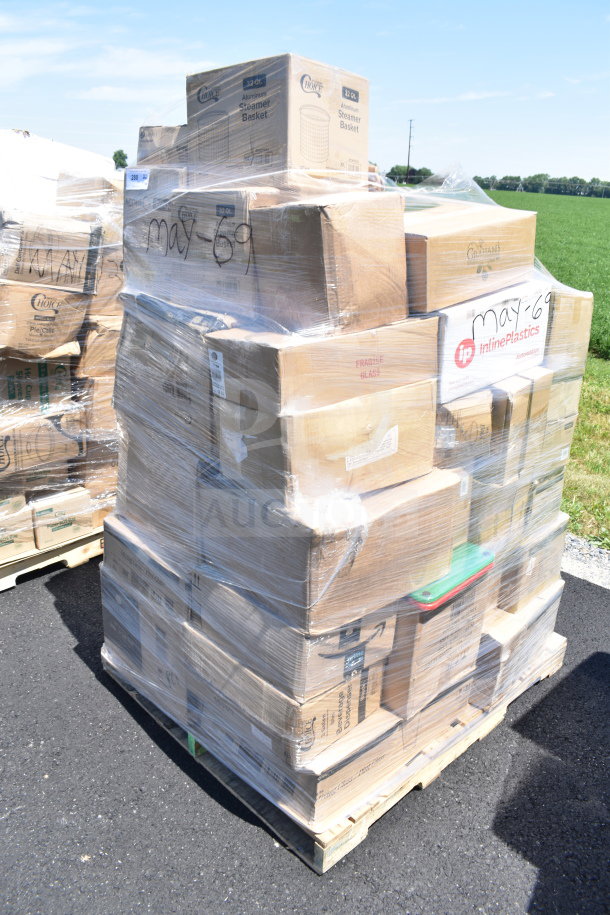 Pallet of 46 scratch and dent items including pint glasses, fry baskets, hand sink, plastic tumblers, in labeled boxes.