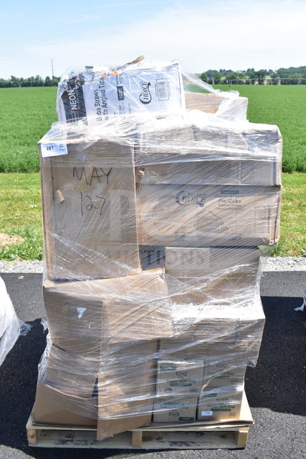 Pallet of 20 boxes including Choice Boba Straws, Cup Sleeves. Boxes labeled MAY 127. Scratch and dent condition.
