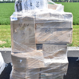 Pallet of 20 boxes including Choice Boba Straws, Cup Sleeves. Boxes labeled MAY 127. Scratch and dent condition.