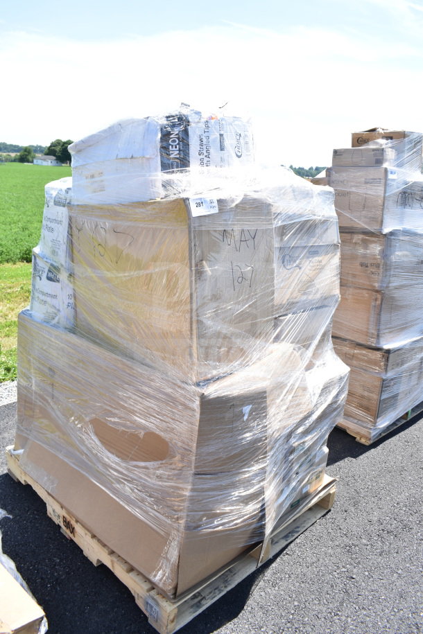 Pallet of 20 brand new scratch and dent items including cup sleeves, plates, and boba straws, wrapped in plastic. Marked "MAY26-127."