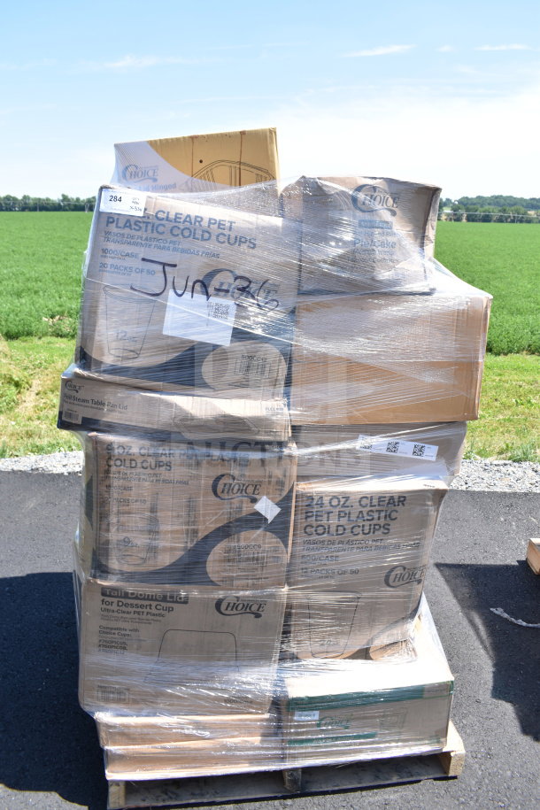 Pallet of 33 scratch and dent items including Choice clear PET plastic cold cups, lids, and takeout containers, wrapped in plastic.