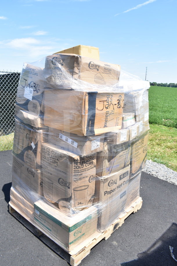 Pallet of 33 brand new scratch and dent items including trash bags, lids, takeout containers, and cold cups in original boxes.