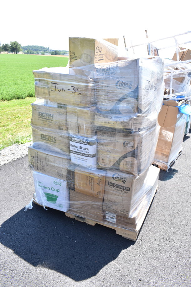 Pallet of 33 brand new items including trash bags, lids, takeout containers, and cold cups. Boxes are labeled "Choice" and "Berk."