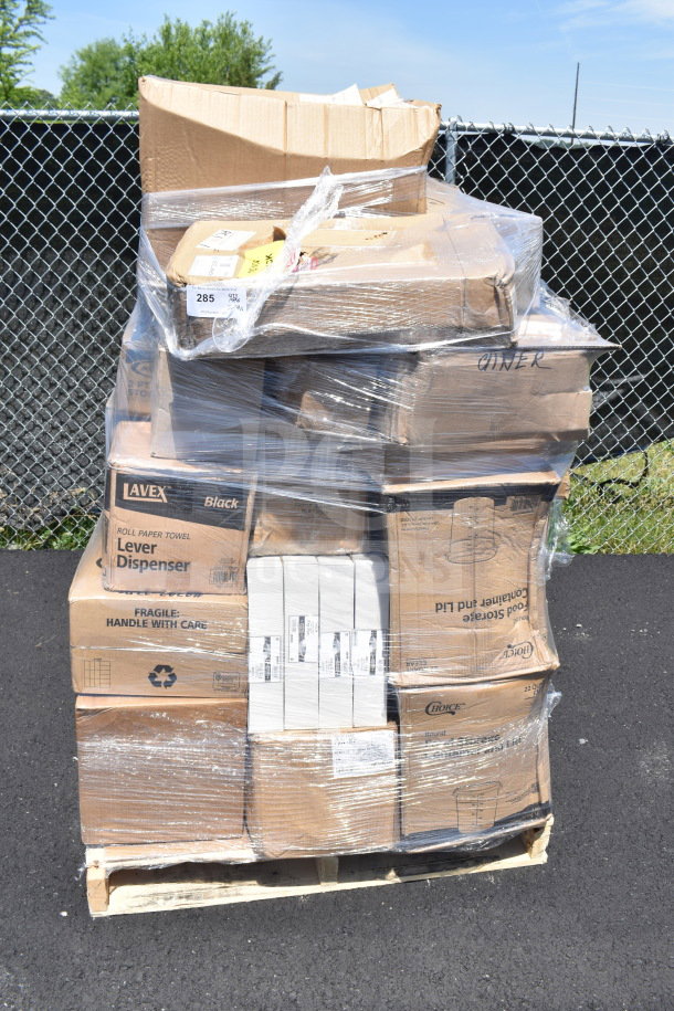 Pallet with 41 mixed brand new scratch and dent items, boxed and shrink-wrapped, including utensils and floor mat.