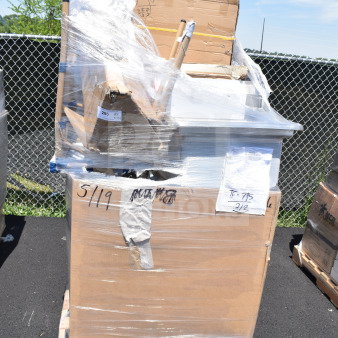 Pallet with 11 new scratch and dent items including chair, dish dolly; wrapped in plastic. Label: "5/19," "286."
