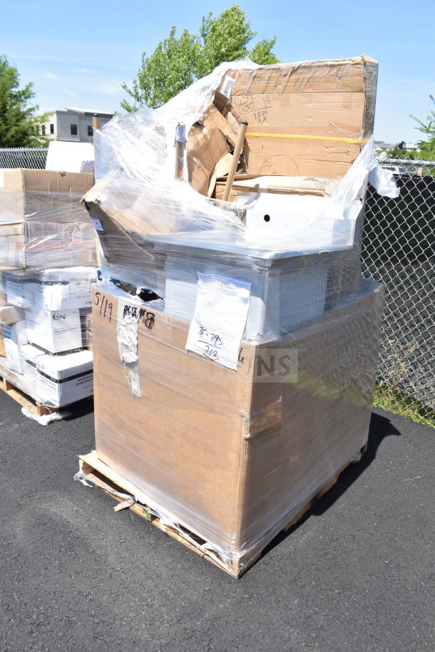 Pallet with 11 brand new items, scratch and dent condition, including chairs and dish dolly, wrapped in plastic with labels.