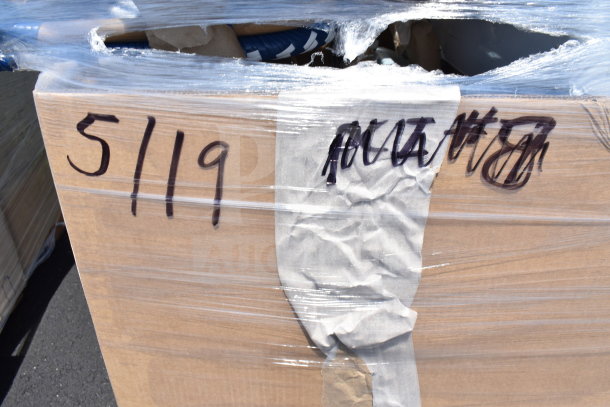 Cardboard box containing 11 new scratch and dent items including a chair and dish dolly. Box labeled "5119".