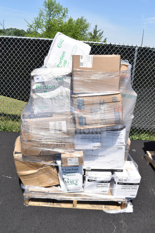 Palette of 31 brand new scratch and dent items, including gloves, napkins, and portion cups, in original packaging.