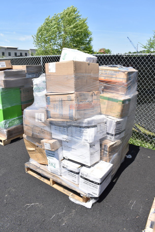 Pallet of 31 brand new scratch and dent items, including gloves, napkins, portion cups, shrink-wrapped for auction.
