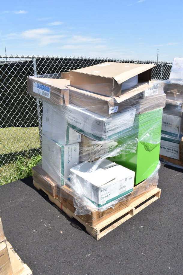 Pallet with various boxed items, including napkins, containers, wrapped in plastic. Marked with auction lot number 298.