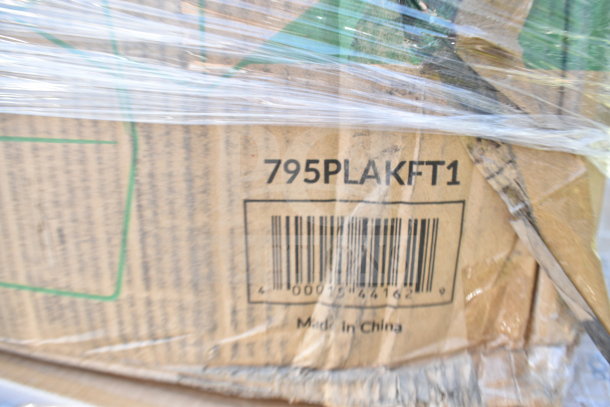 Cardboard box with label “795PLAKFT1” and barcode, containing 20 new scratch and dent items like napkins, containers. Made in China.