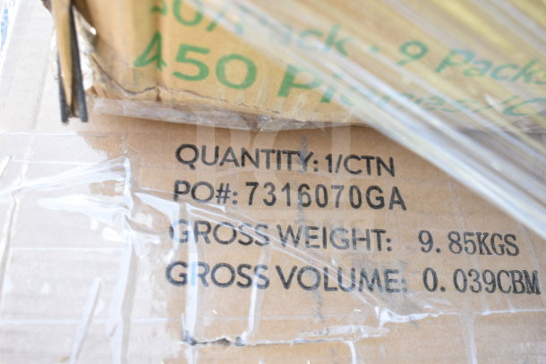 Cardboard box marked "Quantity: 1/CTN, PO#: 7316070GA, Gross Weight: 9.85KGS, Gross Volume: 0.039CBM," indicating shipment details.