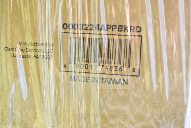 Cardboard box with barcode "0003224APPBKRD" and label "Made in Taiwan." Manufactured for Clark Care Services, PA. Wrapped in plastic.