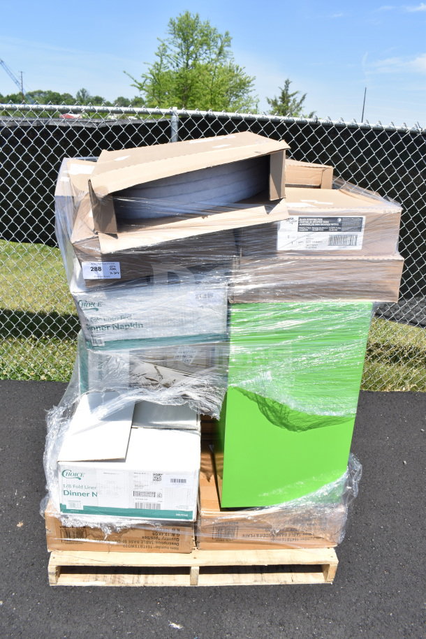Pallet of 20 brand new scratch-and-dent items, including boxes of Choice dinner napkins and containers, wrapped for auction.