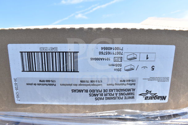 Cardboard box with printed label showing barcode and product details. Contains new scratch and dent items.