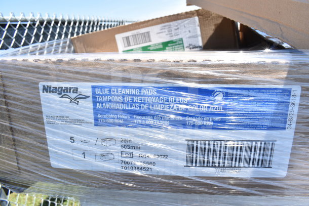 Niagara Blue Cleaning Pads label, showing scrubbing floor range 175-600 RPM, 20in/508mm size, with lot number and barcode.