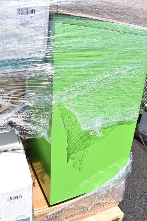 Shrink-wrapped pallet containing 20 new scratch and dent items, including napkins and containers. Labels indicate contents and cases.