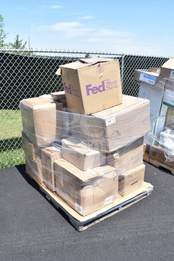 Pallet of 31 brand new scratch and dent items, boxed and shrink-wrapped, including tea cups, glasses, and milk crates.