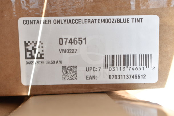 Label showing "Container Only/Accelerate/400Z/Blue Tint" with UPC 703113746512 and date 04/27/2026.