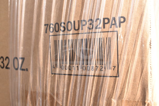 Cardboard box with barcode and "760SOUP32PAP" marking, wrapped in clear plastic. Contains 17 new scratch and dent items.