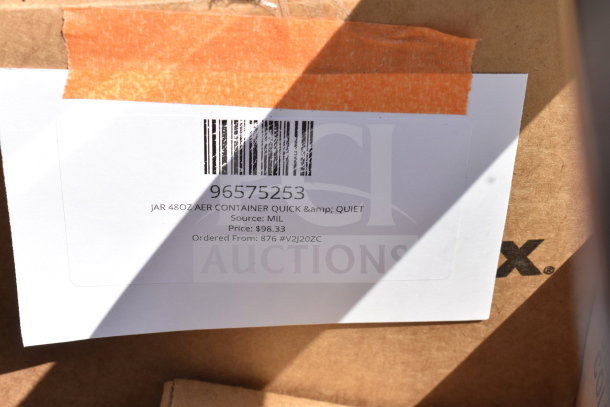 Barcode label on a package indicating "Jar 48oz Aer Container Quick & Quiet," priced at $98.33, sourced from MIL.