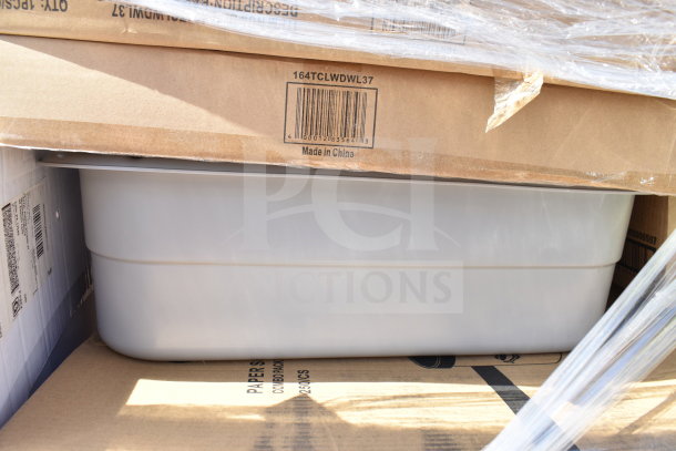 Stack of boxed items including a glass door and grill cleaning brush. Labels indicate "Made in China" and product code "164TCLWDWL37".