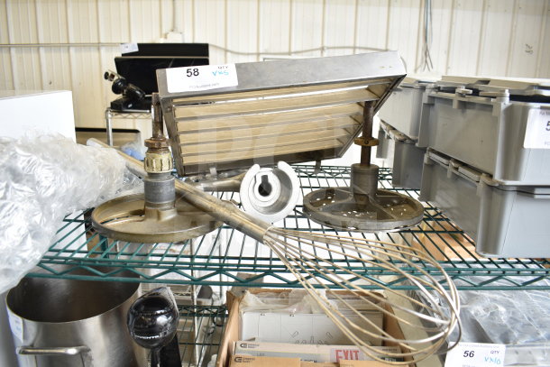 5-item lot: metal whisk, 2 Pelican head blades, mixer paddle attachment, vent cover. Bid multiplier: 5x. Includes tag "58".